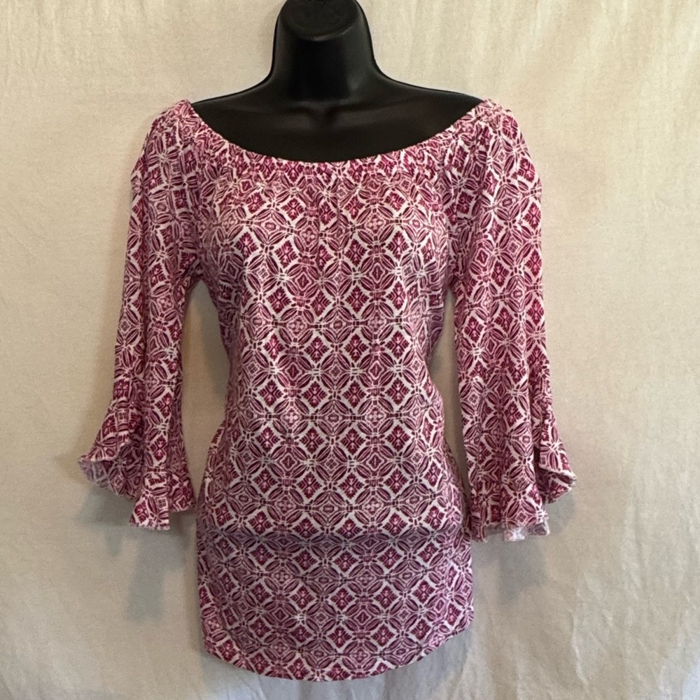 D-195 New Directions Pink & White 1/2 Sleeve Pullover Blouse Size L